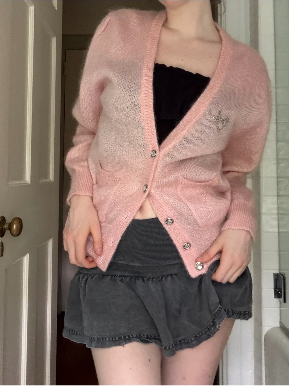 Pink V-Neck Button Cardigan Sweater with cat detail
